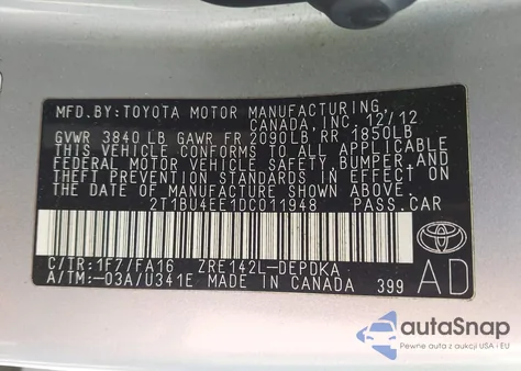 2013 Toyota Corolla L from USA, damaged, VIN 2T1BU4EE1DC011948